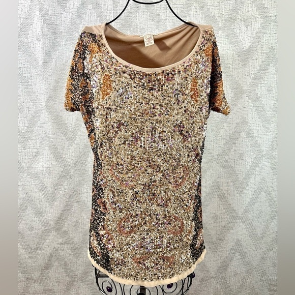 Sundance Tops - Sundance tan multi-color sequin scoop neck blouse size M